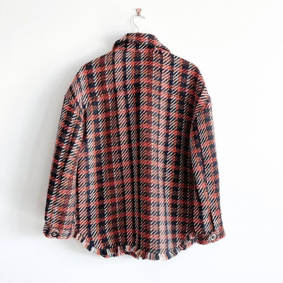 BB Dakota Steve Madden Womens Tweed Jacket Plaid Button Front Orange Large - Picture 2 of 8